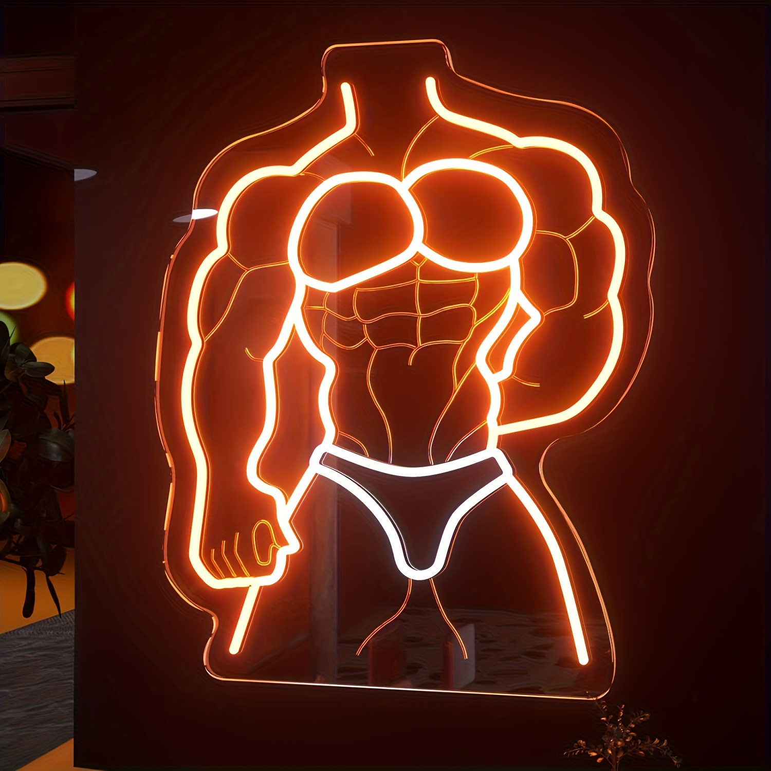 Home Gym Neon Sign - Мускулистый человек, неоновая вывеска, оранжево-белое свечение